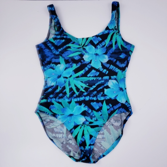 Catalina Other - Catalina Full Coverage One Piece Swimsuit Size 1x Blue Floral Lilly Vintage 90s